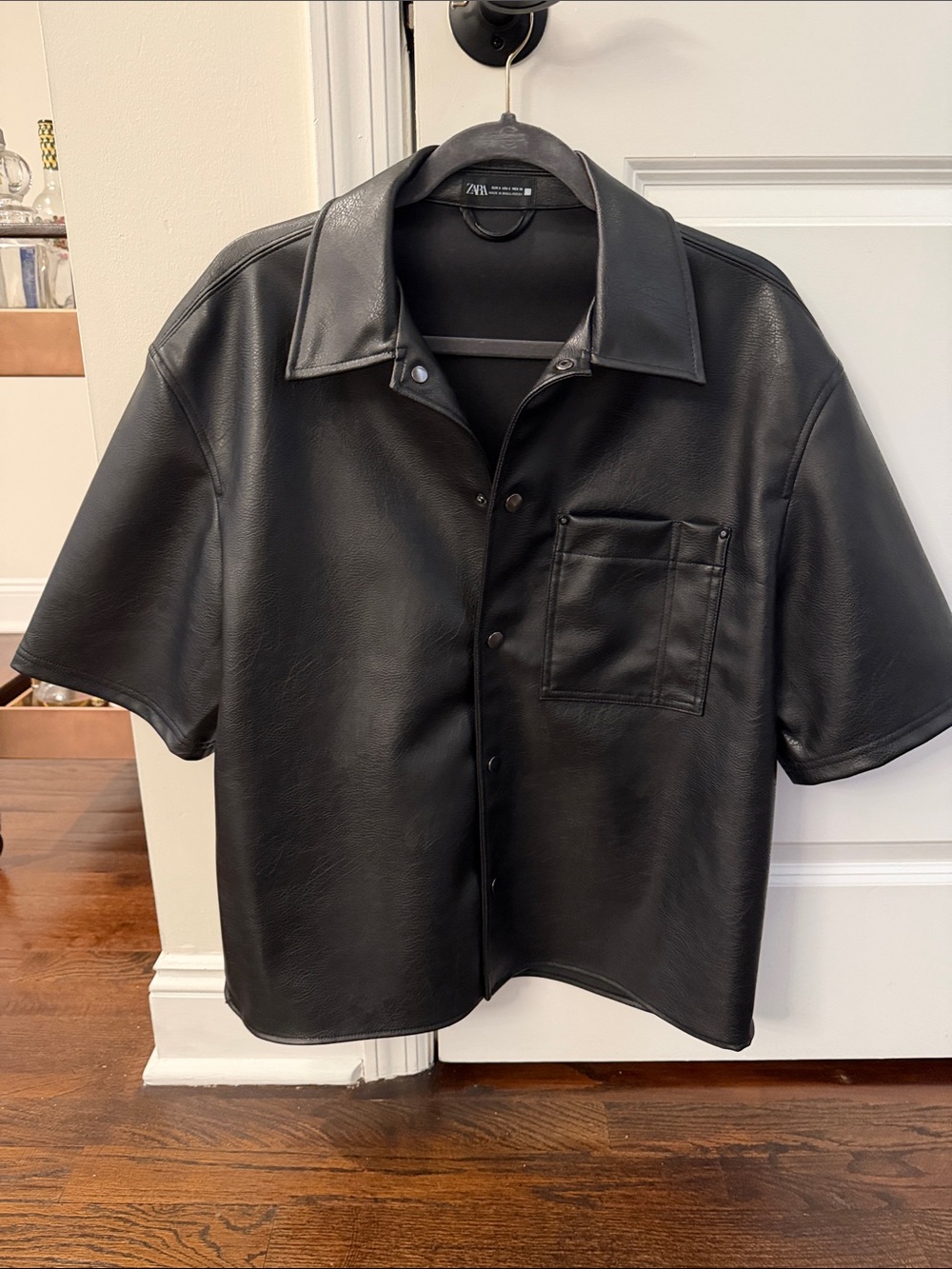 ZARA Black Faux Leather Short-Sleeve Button-Down Shirt